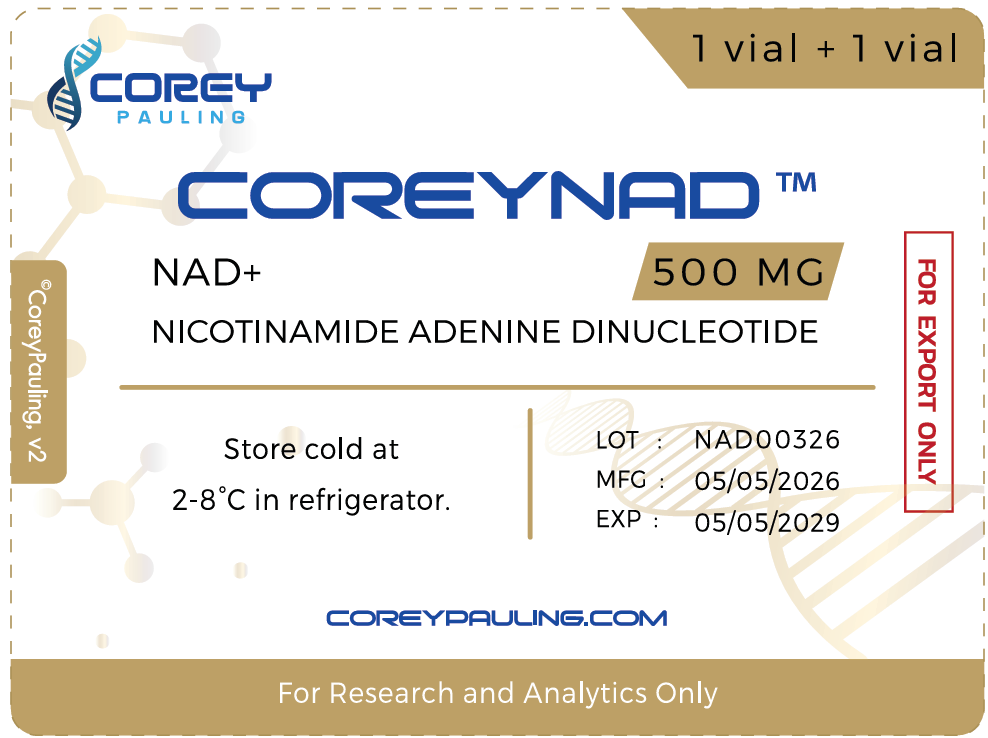 CoreyNAD NAD+ 500 mg sachet label, 1 vial + 1 vial per sachet